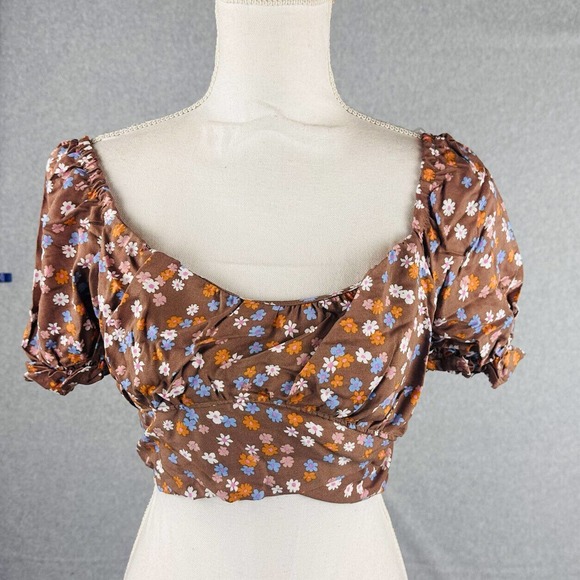Just Polly Juniors Womens Sz Small Floral Tie-Back Peasant Fitted Top Brown New - Picture 2 of 7